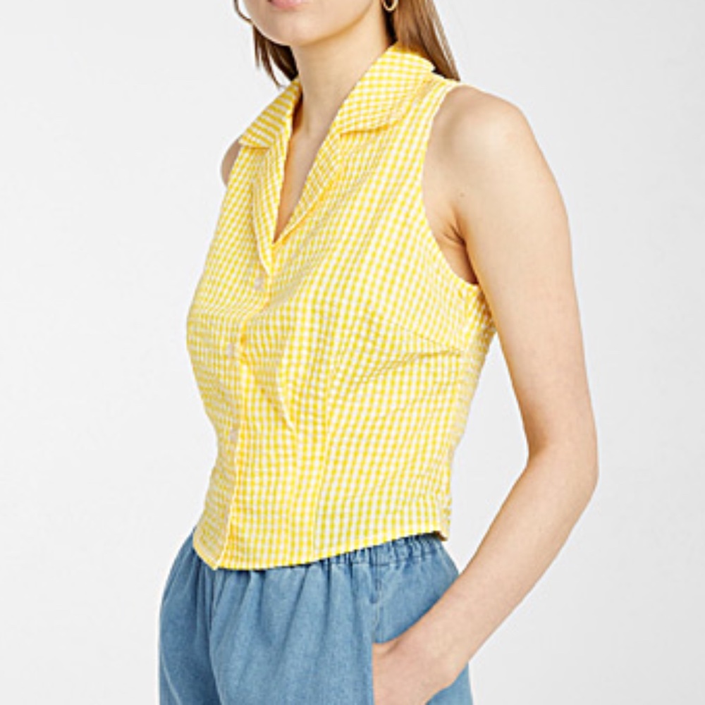 Boho light yellow sleeveless stripe waffled fitted shirt NWT
